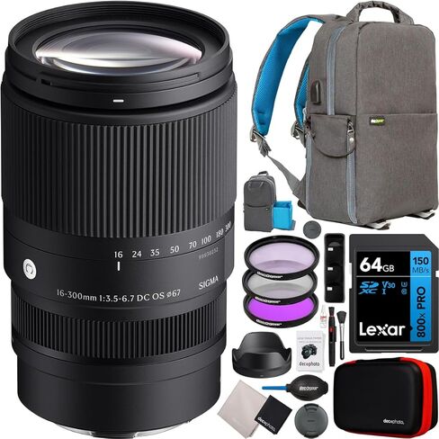 Sigma 16-300mm F3.5-6.7 DC OS العدسة المعاصرة للكاميرات Canon RF Lirrorless Compact All-in-One مع ضبط HLA Autofocus ، 6-Stop OS2 | حزمة مع Deco Gear Accessory Kit | الولايات المتحدة الأمريكية المعتمدة النموذج in Kuwait