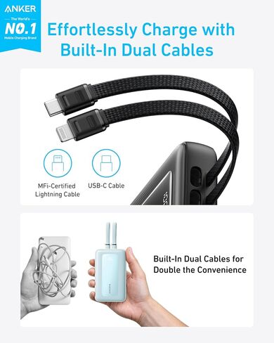 Anker Zolo Power Bank, 10,000mAh 30W Max Fast Portable Charger with Built-in USB-C and MFi Certified Lightning Cables, USB-C&A, Battery Pack for iPhone 16/15 Series, MacBook, Galaxy (Black) in Saudi Arabia