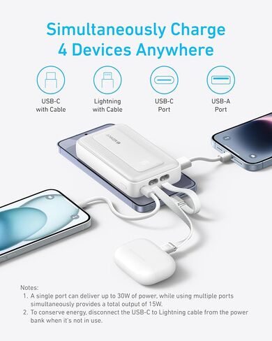 Anker Zolo Power Bank, 10,000mAh 30W Max Fast Portable Charger with Built-in USB-C and MFi Certified Lightning Cables, USB-C&A, Battery Pack for iPhone 16/15 Series, MacBook, Galaxy (Black) in Saudi Arabia