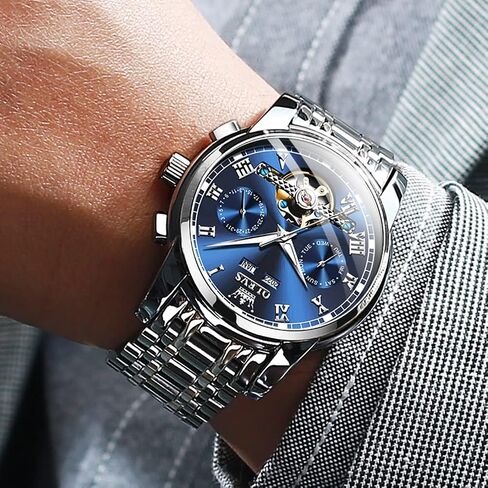 OLEVS Automatic Watch for Men Self Winding Mechanical Luxury Business Stainless Steel Multi Calendar Waterproof Luminous Wrist Watches in Kuwait