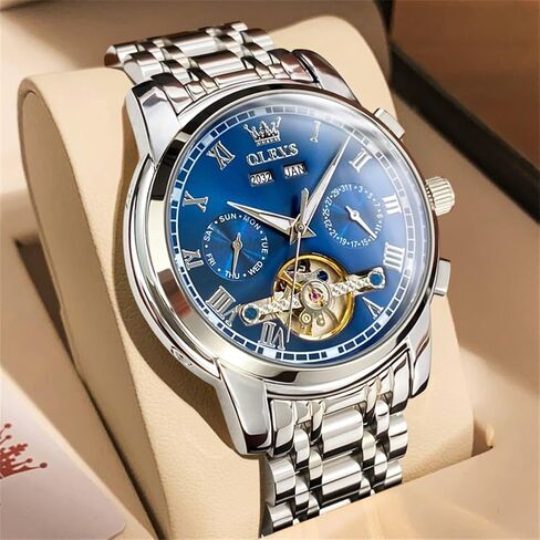 OLEVS Automatic Watch for Men Self Winding Mechanical Luxury Business Stainless Steel Multi Calendar Waterproof Luminous Wrist Watches in Kuwait