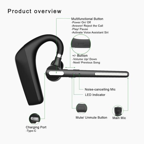 Bluetooth Headset Wireless Headset with Mic for Cell Phone/PC/Tablet/Laptop, 90D Standby/110H Talktime Bluetooth Earpiece for Trucker Drivers/Business/Office (Black) in Saudi Arabia