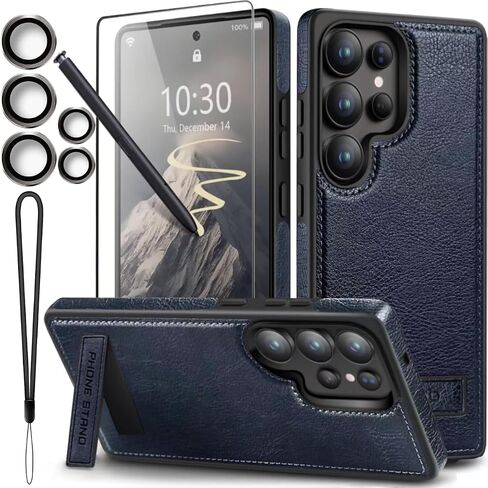 for Galaxy S25 Ultra Leather Case with Hidden Alloy Stand, Vintage Leather Kickstand Phone Case, with Camera Lens and Screen Protector (Brown) in Saudi Arabia