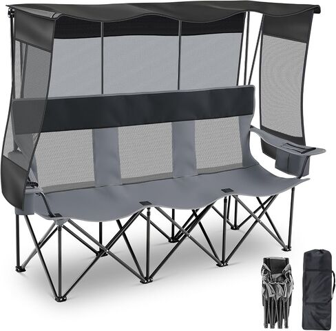 3 Person Camping Chair with Canopy Shade, Heavy Duty Folding Triple Camp Loveseat with Cooler Cup Holders Bag, Mesh Back Oxford Fabric Black Gray for Outdoor Beach Fishing Backyard Travel in Kuwait
