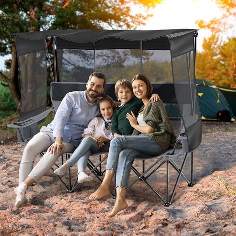 3 Person Camping Chair with Canopy Shade, Heavy Duty Folding Triple Camp Loveseat with Cooler Cup Holders Bag, Mesh Back Oxford Fabric Black Gray for Outdoor Beach Fishing Backyard Travel in Kuwait