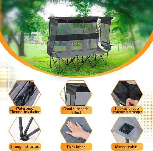 3 Person Camping Chair with Canopy Shade, Heavy Duty Folding Triple Camp Loveseat with Cooler Cup Holders Bag, Mesh Back Oxford Fabric Black Gray for Outdoor Beach Fishing Backyard Travel in Kuwait