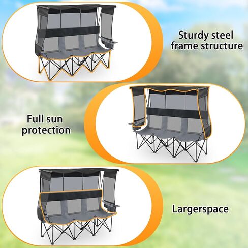 3 Person Camping Chair with Canopy Shade, Heavy Duty Folding Triple Camp Loveseat with Cooler Cup Holders Bag, Mesh Back Oxford Fabric Black Gray for Outdoor Beach Fishing Backyard Travel in Kuwait