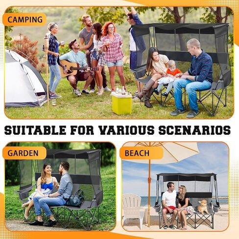 3 Person Camping Chair with Canopy Shade, Heavy Duty Folding Triple Camp Loveseat with Cooler Cup Holders Bag, Mesh Back Oxford Fabric Black Gray for Outdoor Beach Fishing Backyard Travel in Kuwait