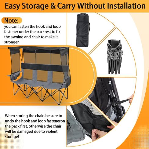 3 Person Camping Chair with Canopy Shade, Heavy Duty Folding Triple Camp Loveseat with Cooler Cup Holders Bag, Mesh Back Oxford Fabric Black Gray for Outdoor Beach Fishing Backyard Travel in Kuwait