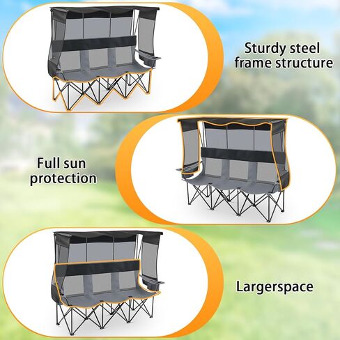 3 Person Camping Chair with Canopy Shade, Heavy Duty Folding Triple Camp Loveseat with Cooler Cup Holders Bag, Mesh Back Oxford Fabric Black Gray for Outdoor Beach Fishing Backyard Travel in Kuwait