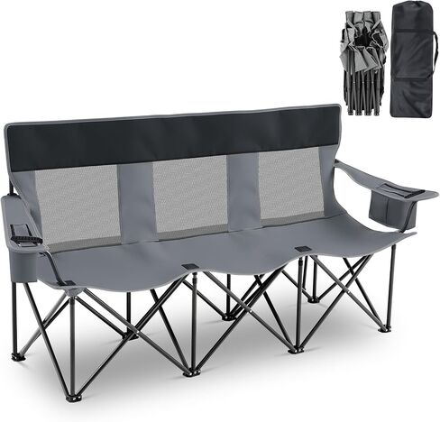 3 Person Camping Chair with Canopy Shade, Heavy Duty Folding Triple Camp Loveseat with Cooler Cup Holders Bag, Mesh Back Oxford Fabric Black Gray for Outdoor Beach Fishing Backyard Travel in Kuwait