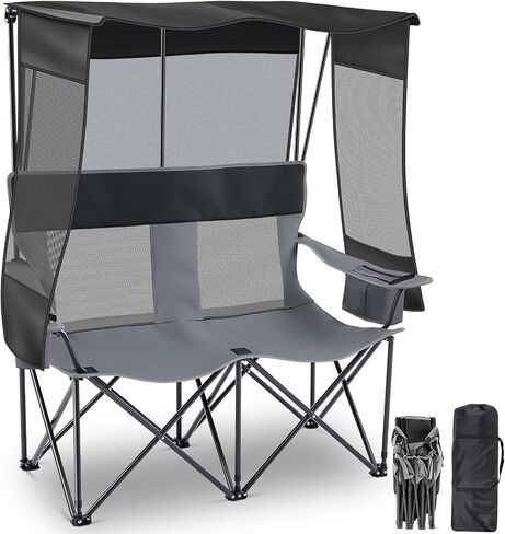 3 Person Camping Chair with Canopy Shade, Heavy Duty Folding Triple Camp Loveseat with Cooler Cup Holders Bag, Mesh Back Oxford Fabric Black Gray for Outdoor Beach Fishing Backyard Travel in Saudi Arabia