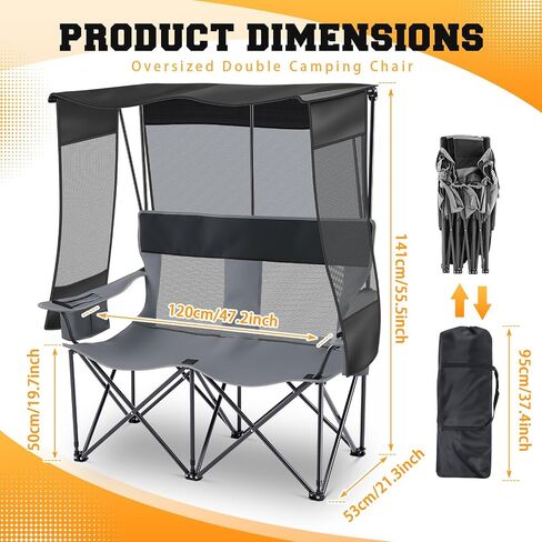 3 Person Camping Chair with Canopy Shade, Heavy Duty Folding Triple Camp Loveseat with Cooler Cup Holders Bag, Mesh Back Oxford Fabric Black Gray for Outdoor Beach Fishing Backyard Travel in Saudi Arabia