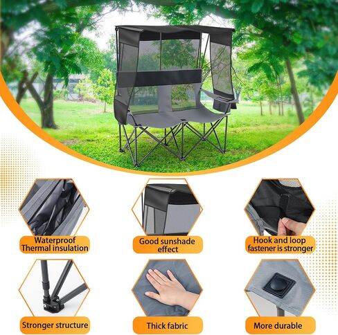 3 Person Camping Chair with Canopy Shade, Heavy Duty Folding Triple Camp Loveseat with Cooler Cup Holders Bag, Mesh Back Oxford Fabric Black Gray for Outdoor Beach Fishing Backyard Travel in Saudi Arabia