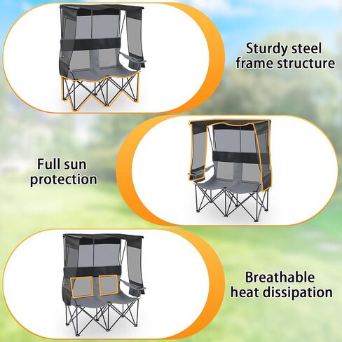 3 Person Camping Chair with Canopy Shade, Heavy Duty Folding Triple Camp Loveseat with Cooler Cup Holders Bag, Mesh Back Oxford Fabric Black Gray for Outdoor Beach Fishing Backyard Travel in Saudi Arabia