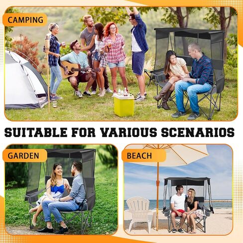 3 Person Camping Chair with Canopy Shade, Heavy Duty Folding Triple Camp Loveseat with Cooler Cup Holders Bag, Mesh Back Oxford Fabric Black Gray for Outdoor Beach Fishing Backyard Travel in Saudi Arabia