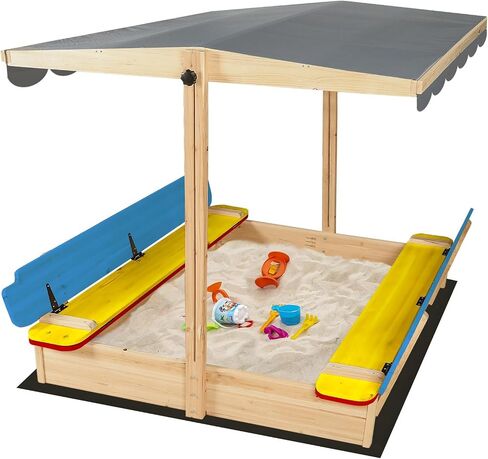 RUNSHED Kids Wooden Sandbox, Locking Lid, Canopy & Foldable Benches in Kuwait