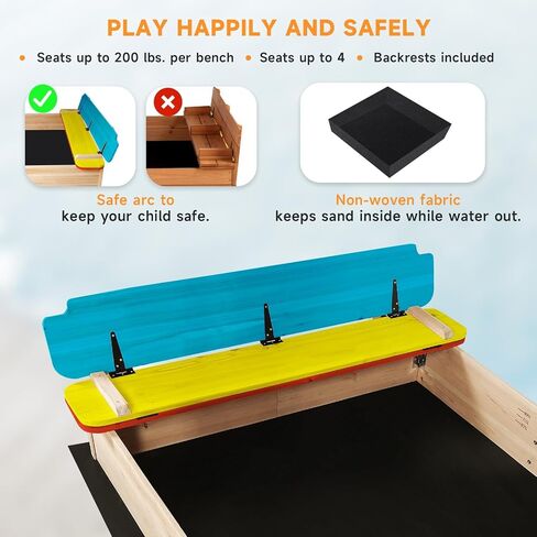 RUNSHED Kids Wooden Sandbox, Locking Lid, Canopy & Foldable Benches in Kuwait