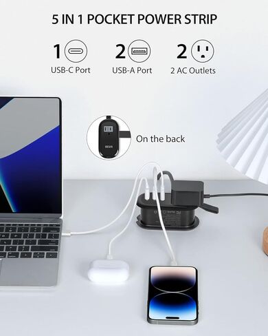 Beva Travel Power Strip مع منافذ USB C ، سلك تمديد 4 أقدام ، منافذان ، 3 منافذ USB ، أساسيات سفينة الرحلات (3.4A Charge ، Black) in Kuwait