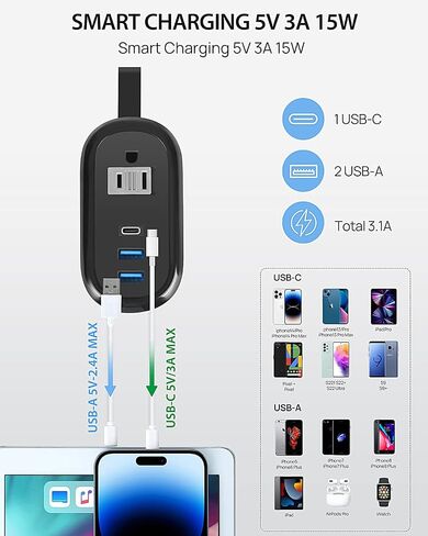 Beva Travel Power Strip مع منافذ USB C ، سلك تمديد 4 أقدام ، منافذان ، 3 منافذ USB ، أساسيات سفينة الرحلات (3.4A Charge ، Black) in Kuwait