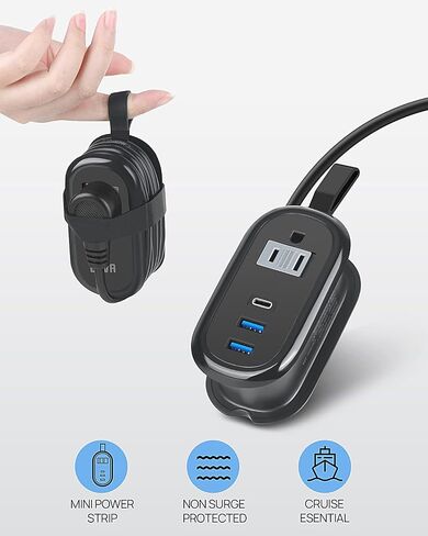 Beva Travel Power Strip مع منافذ USB C ، سلك تمديد 4 أقدام ، منافذان ، 3 منافذ USB ، أساسيات سفينة الرحلات (3.4A Charge ، Black) in Kuwait
