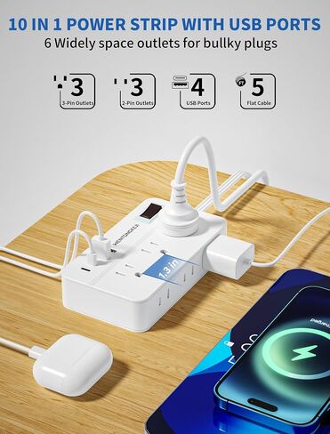 قطاع الطاقة الحامي للارتداد-قابس مسطح سلك التمديد المضفر 5 أقدام مع 6 منافذ و 2 من موانئ USB-A 2 USB-C ، 1080 Joules محطة شحن مثبتة على الحائط للمكتب ETL (5 أقدام) in Saudi Arabia