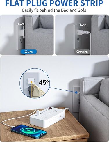 قطاع الطاقة الحامي للارتداد-قابس مسطح سلك التمديد المضفر 5 أقدام مع 6 منافذ و 2 من موانئ USB-A 2 USB-C ، 1080 Joules محطة شحن مثبتة على الحائط للمكتب ETL (5 أقدام) in Saudi Arabia