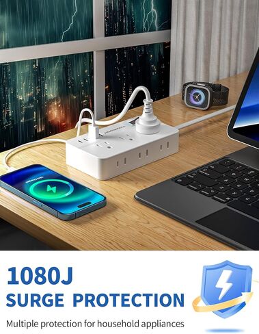 قطاع الطاقة الحامي للارتداد-قابس مسطح سلك التمديد المضفر 5 أقدام مع 6 منافذ و 2 من موانئ USB-A 2 USB-C ، 1080 Joules محطة شحن مثبتة على الحائط للمكتب ETL (5 أقدام) in Saudi Arabia