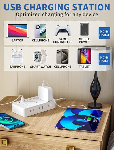قطاع الطاقة الحامي للارتداد-قابس مسطح سلك التمديد المضفر 5 أقدام مع 6 منافذ و 2 من موانئ USB-A 2 USB-C ، 1080 Joules محطة شحن مثبتة على الحائط للمكتب ETL (5 أقدام) in Saudi Arabia