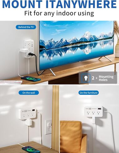 قطاع الطاقة الحامي للارتداد-قابس مسطح سلك التمديد المضفر 5 أقدام مع 6 منافذ و 2 من موانئ USB-A 2 USB-C ، 1080 Joules محطة شحن مثبتة على الحائط للمكتب ETL (5 أقدام) in Saudi Arabia