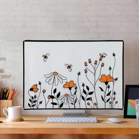 kwmobile Computer Monitor Cover Compatible with 20-22" Monitor - Bees and Flowers Black/Orange/White in Saudi Arabia