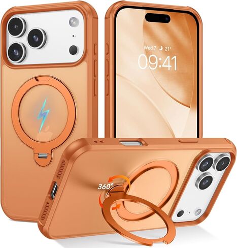 Compatible with Magnetic iPhone 17 Pro Max Case 6.9" 2025, with 360° Rotatable Kickstand Magnet Ring [Compatible with Magsafe] Cute Slim Matte Drop Protective Bumper Phone Cover, Orange in Saudi Arabia