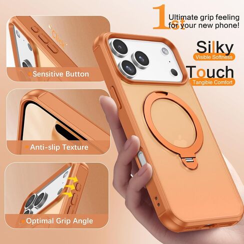 Compatible with Magnetic iPhone 17 Pro Max Case 6.9" 2025, with 360° Rotatable Kickstand Magnet Ring [Compatible with Magsafe] Cute Slim Matte Drop Protective Bumper Phone Cover, Orange in Saudi Arabia