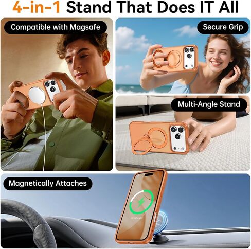Compatible with Magnetic iPhone 17 Pro Max Case 6.9" 2025, with 360° Rotatable Kickstand Magnet Ring [Compatible with Magsafe] Cute Slim Matte Drop Protective Bumper Phone Cover, Orange in Saudi Arabia