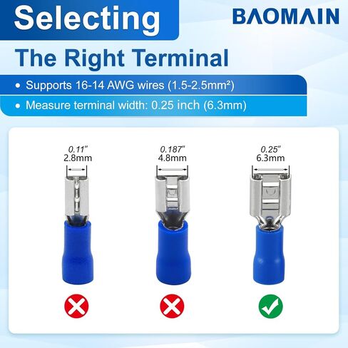 Baomain أنثى قطع الاتصال السريع الفينيل معزول الأسلاك بأسمائها الحقيقية موصل الكهربائية تجعيد الطرف 16-14 AWG 6.3mm FDD 2-250 الأزرق حزمة من 100 in Saudi Arabia