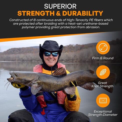 Catfish Braid - Ultra-Strong 8-End HT-PE Fishing Line Smooth Casting Wire, No Stretch, High Durability, Abrasion-Resistant Long Casts No Line Digging - Made in USA in Saudi Arabia