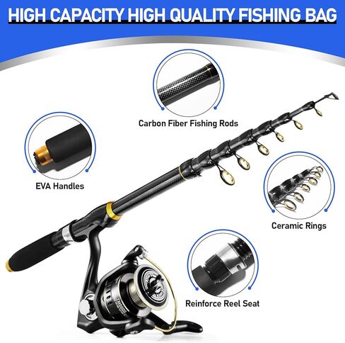 Telescopic Fishing Rod and Reel Combo Kit, 2PACK 6.9FT Carbon Fiber Collapsible Rods, Spinning Reels, Lures and Carrier Bag, Saltwater & Freshwater Travel Fishing Gear for Adults in Kuwait