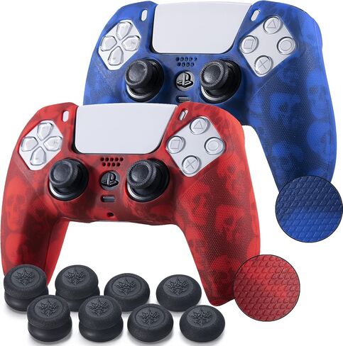 قبضة الملمس الجلد السيليكون لوحدة التحكم PS5 x 2 (الجماجم الأحمر+الأزرق) مع قبضة الإبهام المحترفين × 8 in Saudi Arabia