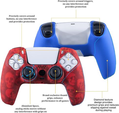 قبضة الملمس الجلد السيليكون لوحدة التحكم PS5 x 2 (الجماجم الأحمر+الأزرق) مع قبضة الإبهام المحترفين × 8 in Saudi Arabia