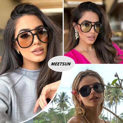 MEETSUN Retro Square 70s Aviator Sunglasses for Women Men Vintage Double Bridge Sun Glasses UV 400 Protection Shades in Saudi Arabia