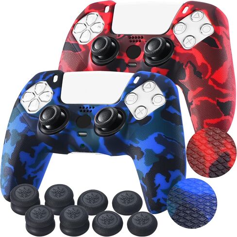 يورها قبضة الملمس طباعة الجلد تغطية الجلد لوحدة التحكم PS5 x 2 (تمويه الأحمر+الأزرق) مع قبضة الإبهام المحترفة × 8 in Saudi Arabia