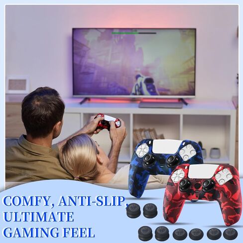 يورها قبضة الملمس طباعة الجلد تغطية الجلد لوحدة التحكم PS5 x 2 (تمويه الأحمر+الأزرق) مع قبضة الإبهام المحترفة × 8 in Saudi Arabia