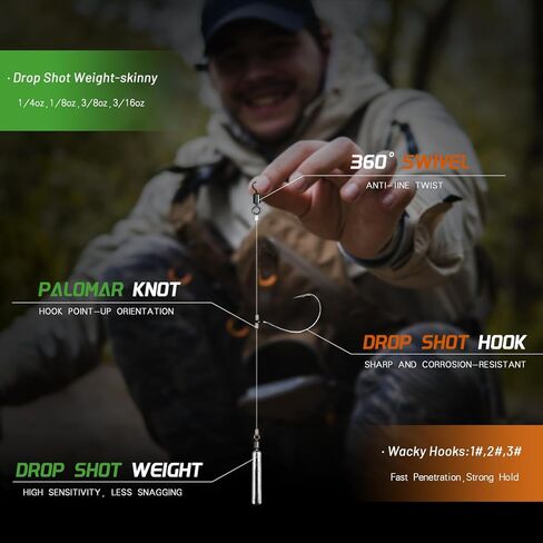 Narcissus Drop Shot Rig Kit, 10 PCS Bass Fishing Rigs for Bass & Panfish, Includes Wacky Hooks, Drop Shot Weights, and Lures in Kuwait