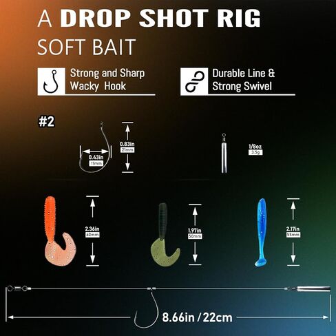 Narcissus Drop Shot Rig Kit, 10 PCS Bass Fishing Rigs for Bass & Panfish, Includes Wacky Hooks, Drop Shot Weights, and Lures in Kuwait