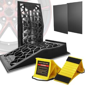 Car Ramps for Oil Changes Wheel Chocks Bundle Upgrade with Anti-Slip Pads, Low Profile Car Ramps for Low Cars,Portable Ramp for Car Lift Vehicle Tire Maintenance [2pcs Ramps & 2pcs Pads &2pcs Chocks]