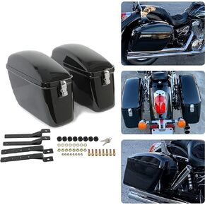 Vivid Black Large Hard Saddle Bag Trunk W/brackets For Motorcycle Compatible With Harley-Davidson Dyna Honda Suzuki Kawasaki Yamaha Cruiser