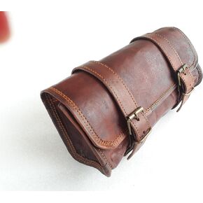 Vintage Motorcycle Genuine Goat Leather 2 Strap Buckle Closure Tool Brown Bag Quick Release Clasp REINFORCED for handlebars,Forks, Sissy Bar - 10"