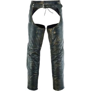 Dream Apparel Mens Distressed Brown Leather Motorcycle Riding Chaps with Zip Out Liner, Cowboy Biker Chaps Pants W/ 4 Pockets
