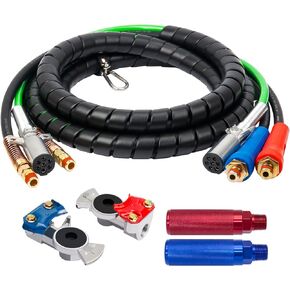 3 in 1 15 Ft Length Wrap Heavy Duty 7 Way Truck Tractor Trailer Rig Electric Cable Wrap Cord ABS & Air Line Hose Assembly with Aluminum Emergency Universal Glad Hands and Anodized Glad Handle