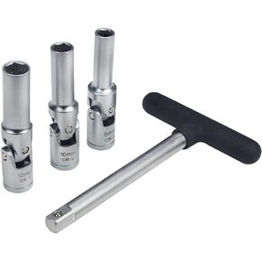 4 Piece Glow Plug Socket Set with 3/8" Dr T-Bar, Glow Plug Sizes (8mm, 10mm, 12mm) Ideal Broken Glow Plug Removal Tool
